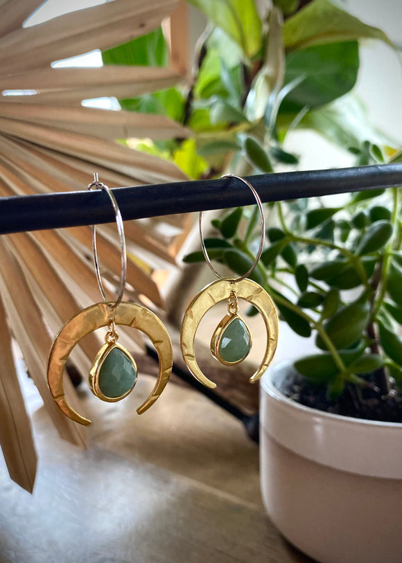 Brass Crescent Amazonite Hoop Earrings